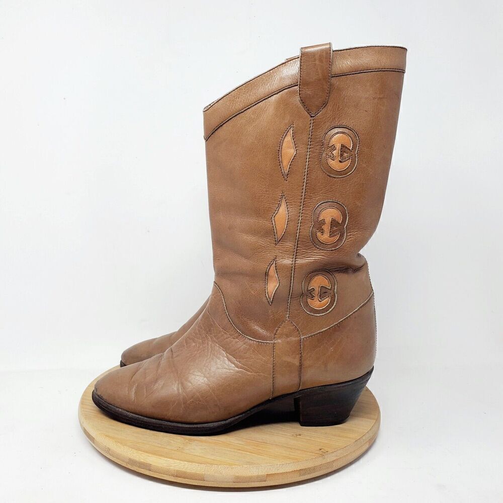 Gucci Boots Womens 35 B Vintage Brown Leather Western Cowboy Cowgirl Logo Shoes‎
